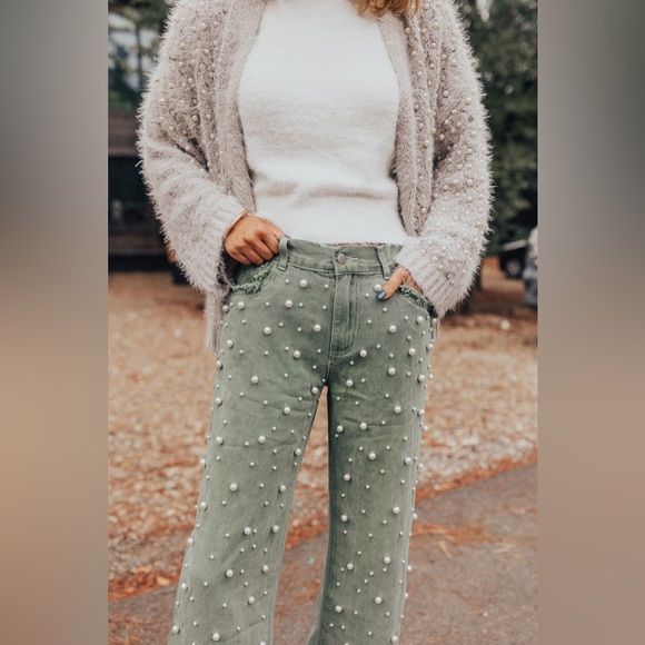 POL Pearl Beaded Distressed Raw Hem Straight Leg Denim Sage Green - Picture 5 of 9